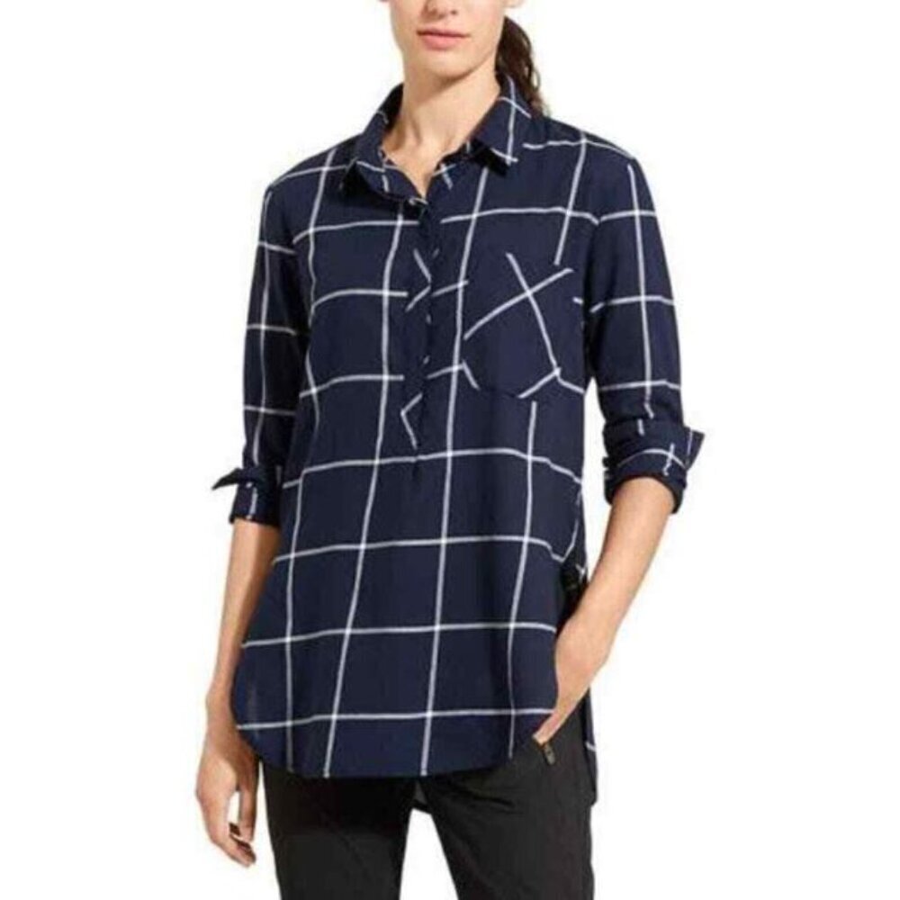 Athleta Women's Size XS Navy Blue Presidio Windowpane‎ Plaid Popover Tunic Top